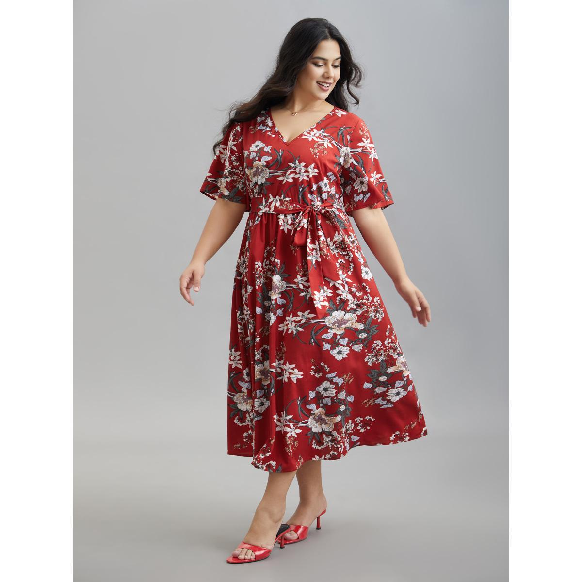 Plus Size Floral Print Waist-Tie V-Neck Midi Dress Scarlet Women Elegant Belted V-neck Half Sleeve Curvy BloomChic 26/4X Product Image