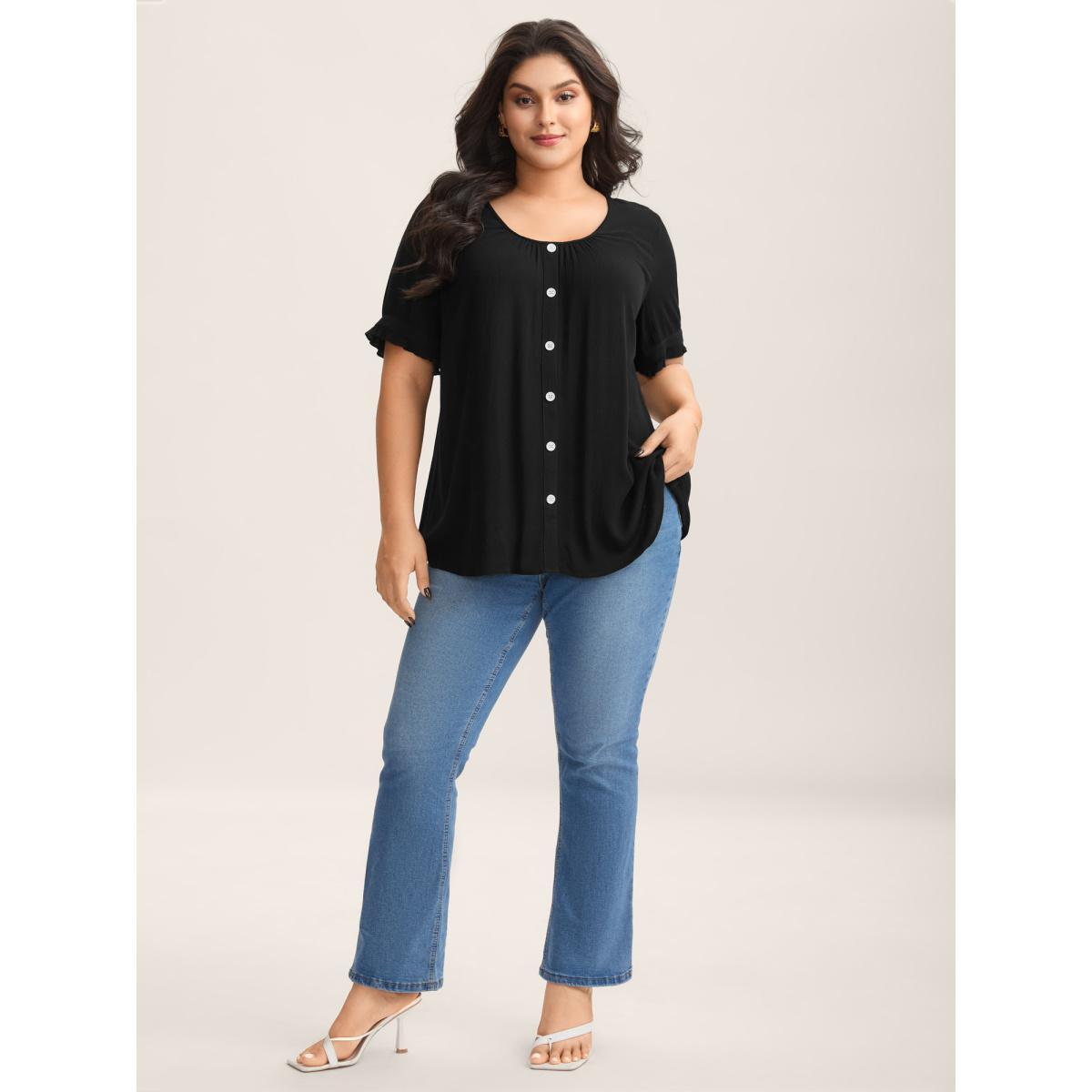 Plus Size Black Textured Button Detail Pleated Solid Top Women Short sleeve Round Neck Everyday-Elegant Blouses BloomChic 22-24/3X Product Image