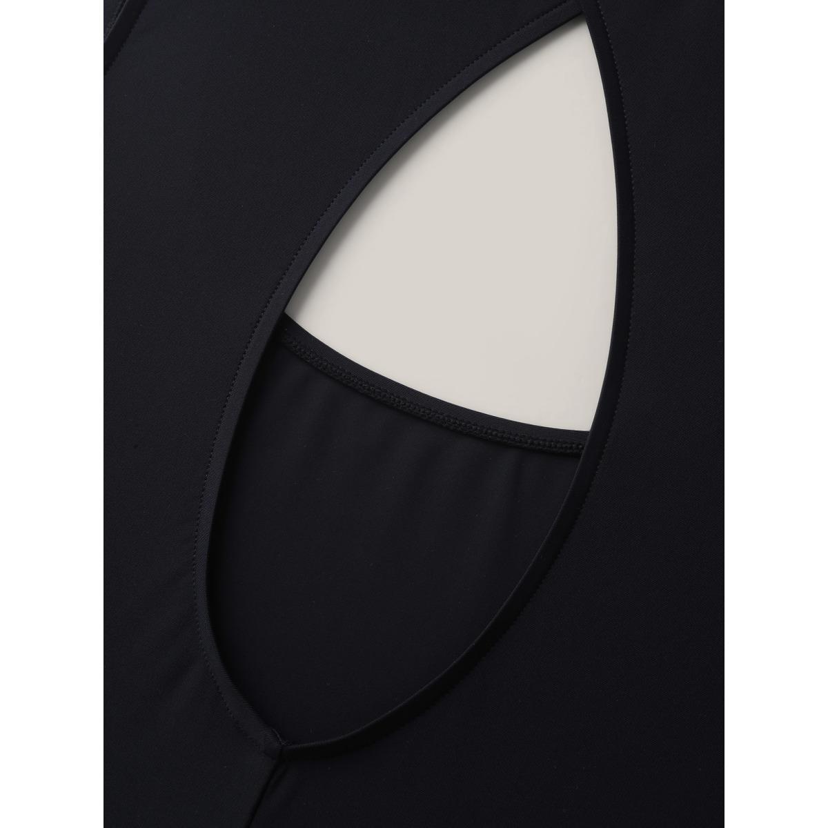 Plus Size Two-Piece Tropical Print Contrast Swim Top Women's Swimwear Black Resort Contrast High stretch Bodycon U-neck Curve Swim Tops BloomChic 18-20/2X Product Image