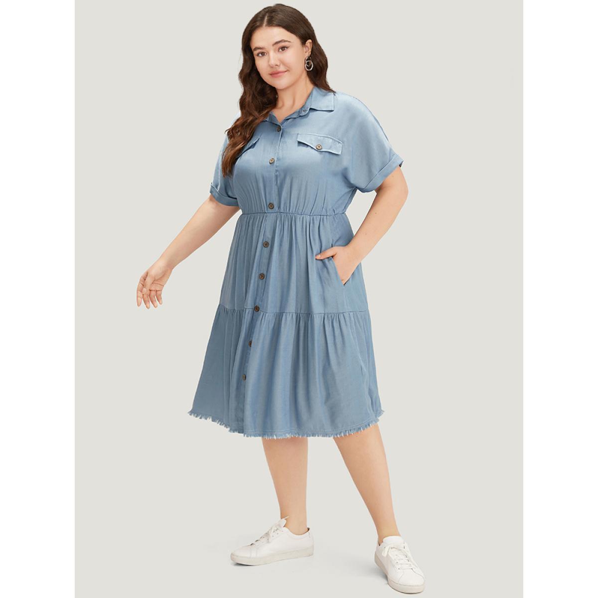 Plus Size Plain Pocket Button Detail Gathered Roll Dolman Sleeve Dress Stone Women Casual Gathered Shirt collar Short sleeve Curvy Midi Dress BloomChic 30/6X Product Image