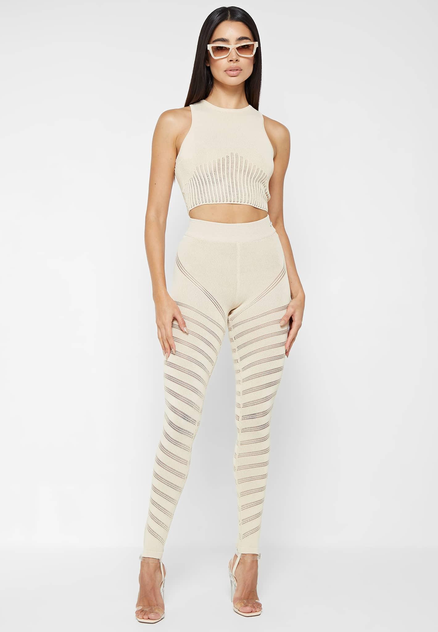 High Waisted Knitted Spiral Contour Leggings - Beige Female Product Image