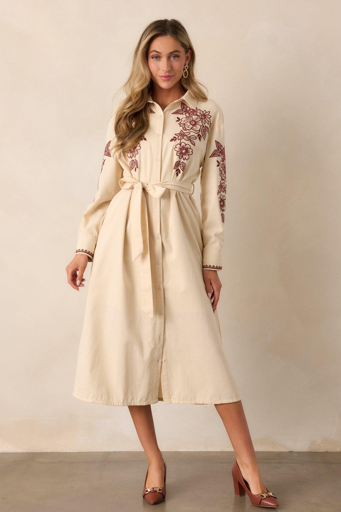 Leaves Of Tomorrow Cotton Oatmeal Long Sleeve Midi Dress Product Image