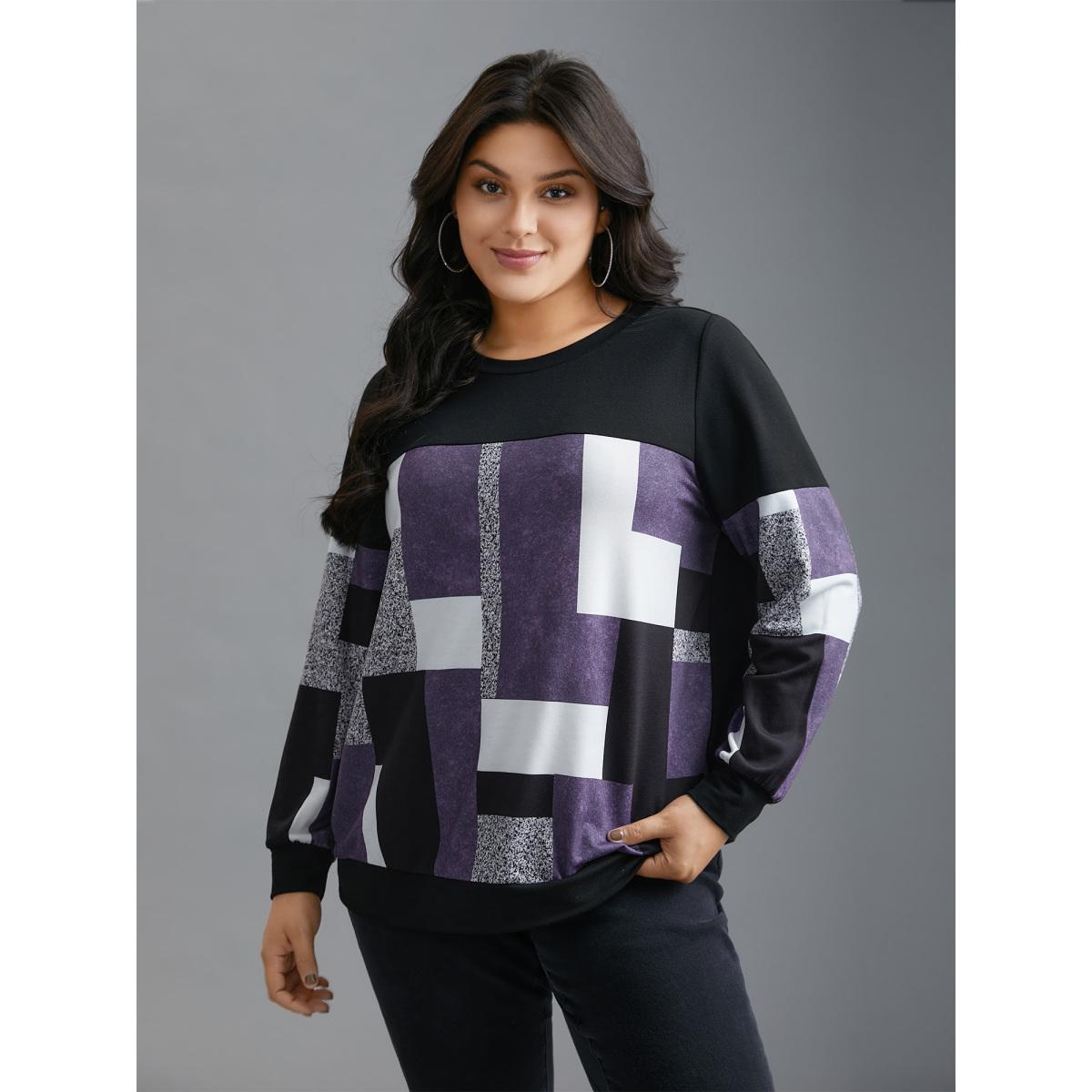 Plus Size Crew Neck Geometric Patchwork Sweatshirt Women Deeppurple Casual Contrast Loose Round Neck Everyday Sweatshirts BloomChic 28/5X Product Image