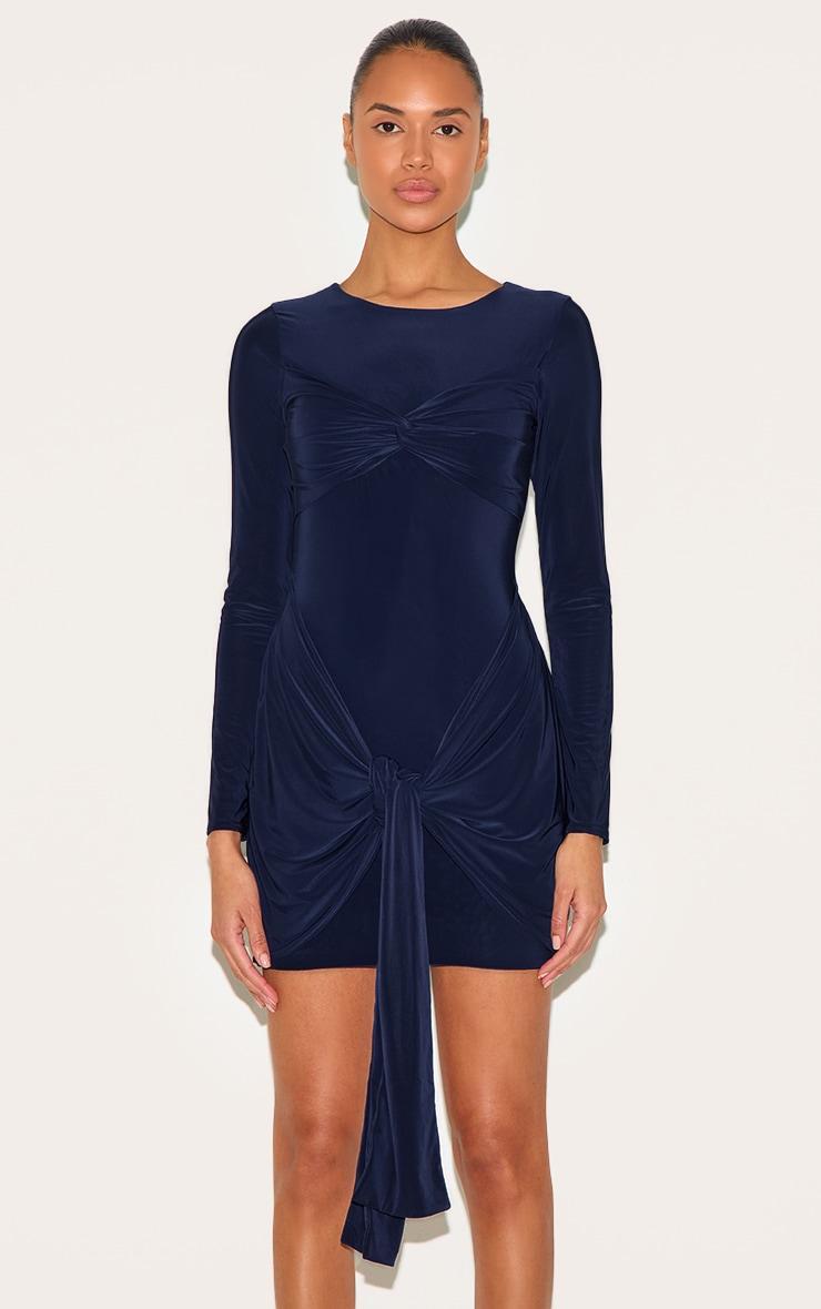 Navy Slinky Long Sleeve Wrap Bust Twist Detail Mini Dress Product Image