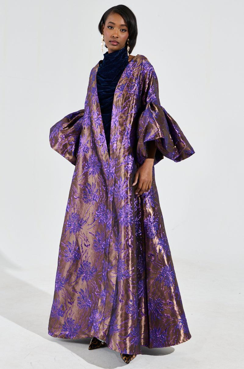 MALDIVES BROCADE PUFF SLEEVE DUSTER IN PURPLE Product Image