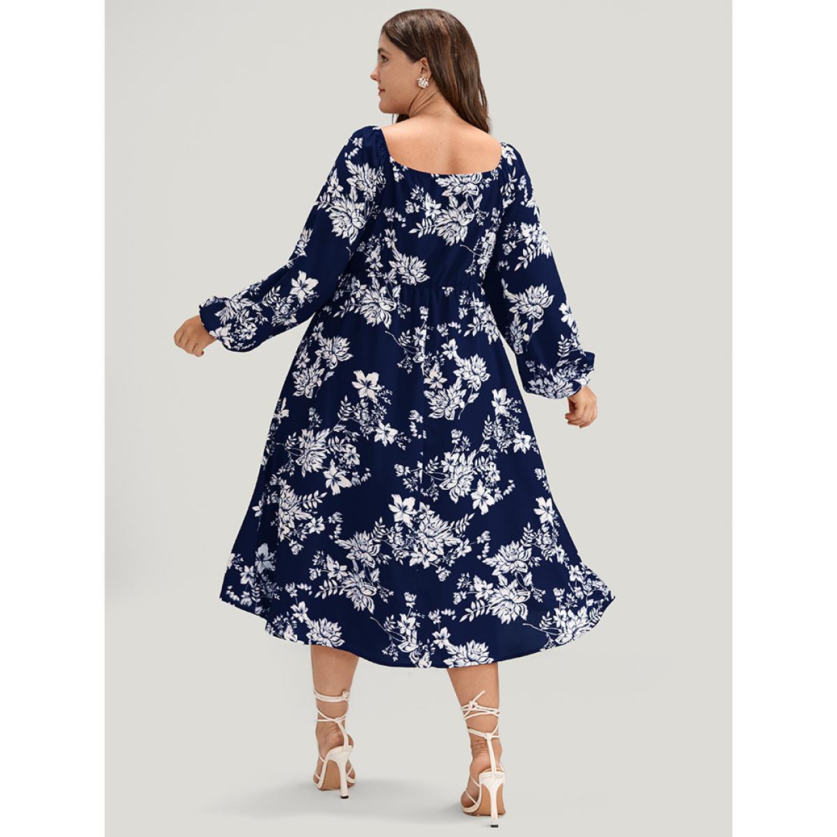 Plus Size Floral Square Neck Lantern Sleeve Pocket Button Detail Dress DarkBlue Women Dating Printed Square Neck Long Sleeve Curvy Midi Dress BloomChic 14-16/1X Product Image