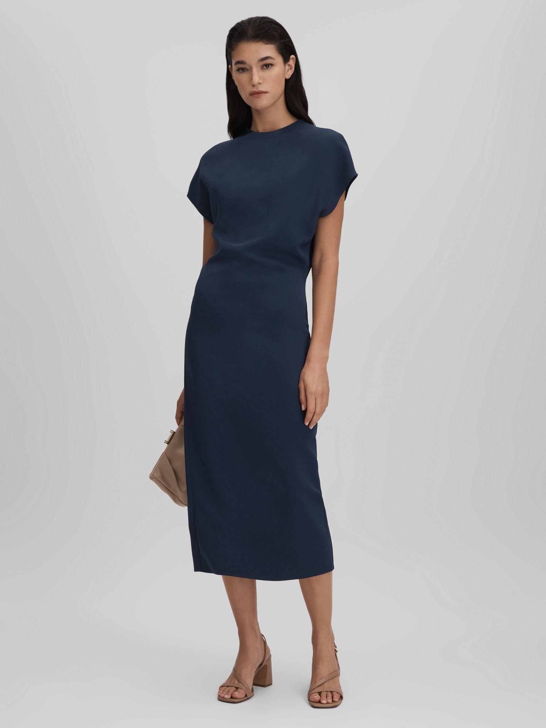 Ruched Bodycon Midi Dress in Navy Product Image
