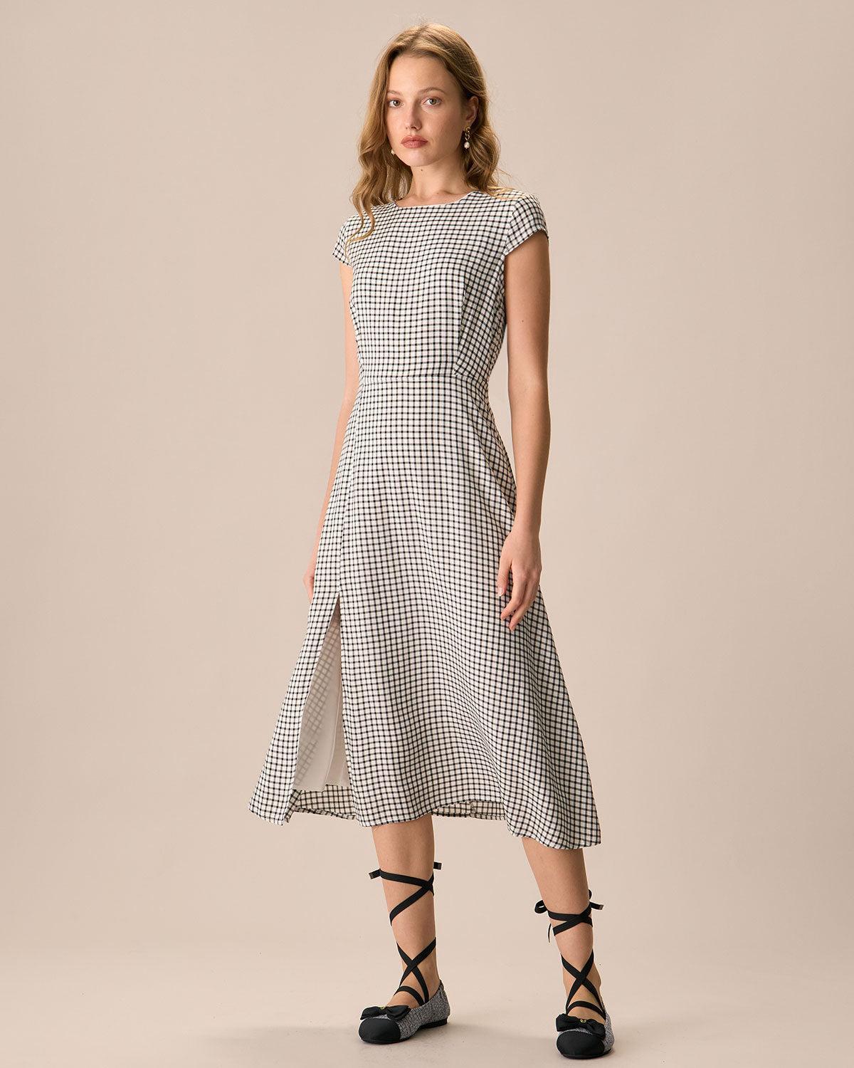 The Black Round Neck Cap Sleeve Plaid Midi Dress Product Image