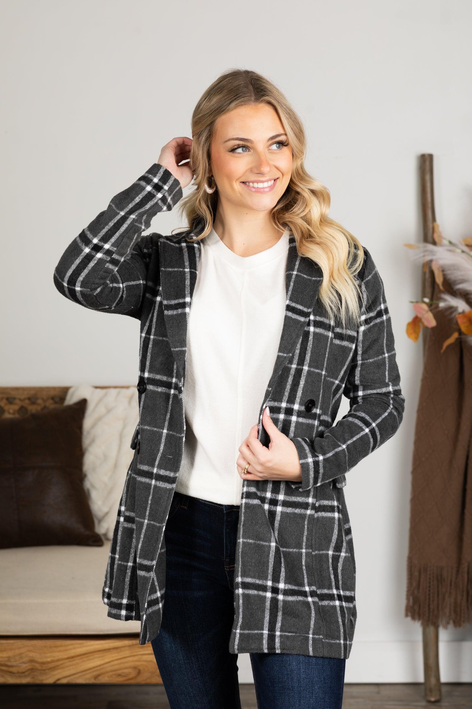 Grey Plaid Print Belted Jacket Product Image