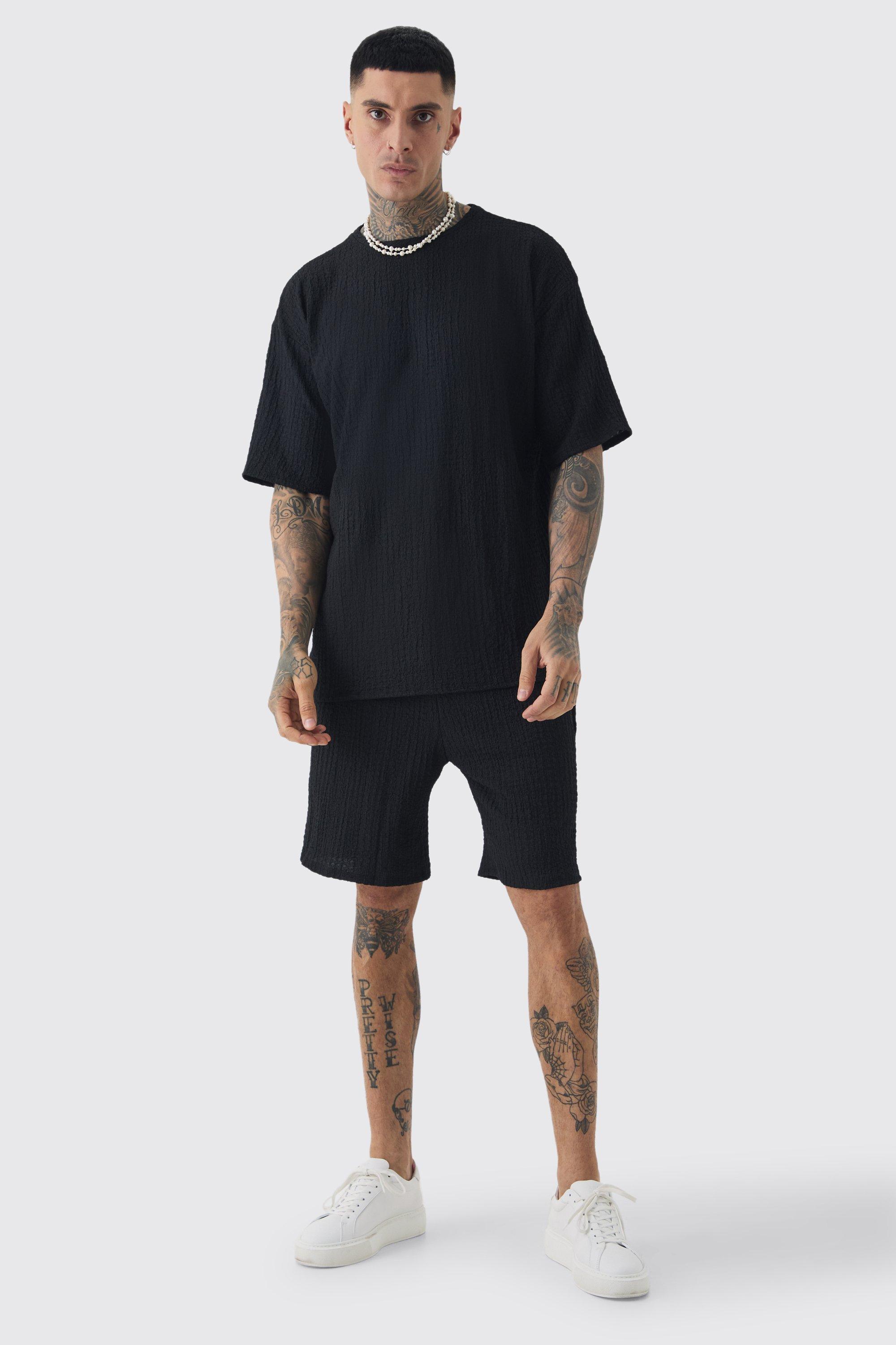 Mens Tall Crinkle Textured T-Shirt & Short Set - Black Product Image