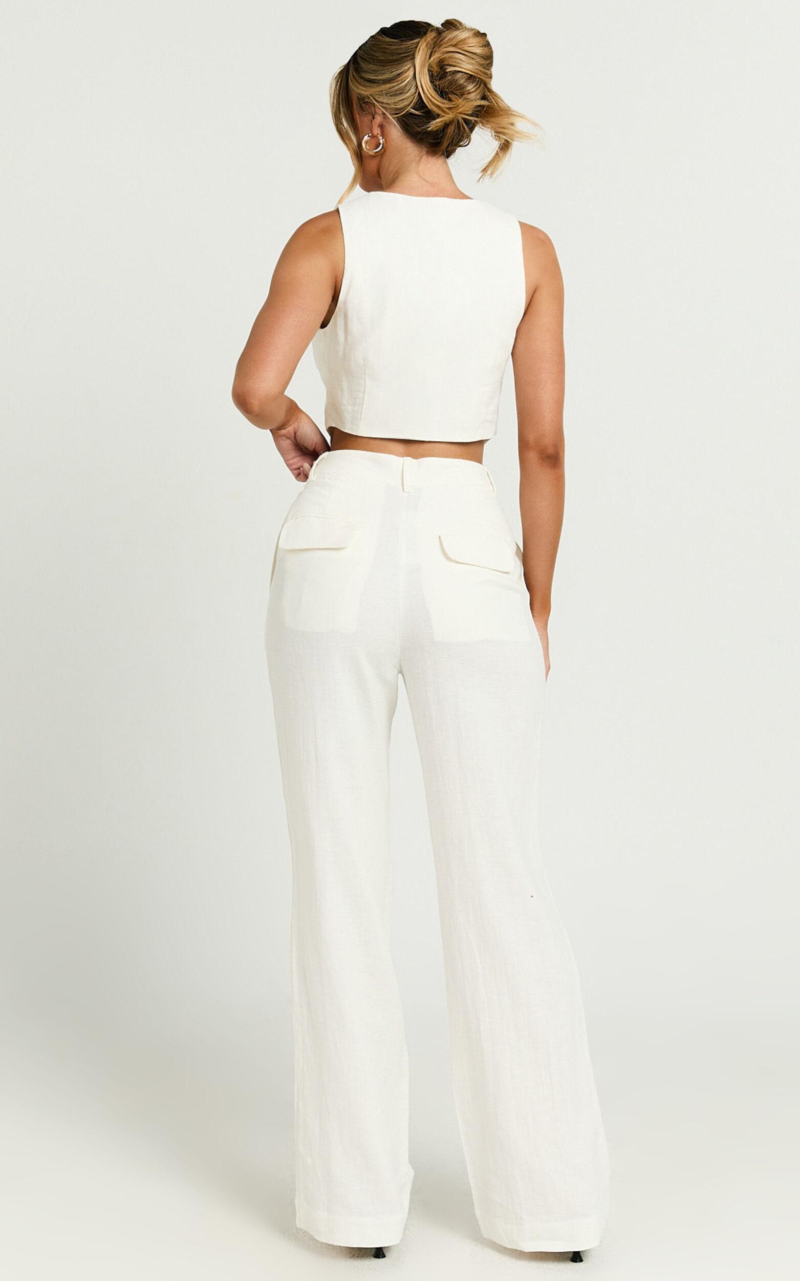 Bree Pants - Linen Mid Rise Relaxed Straight Leg Tailored Trousers in White Product Image