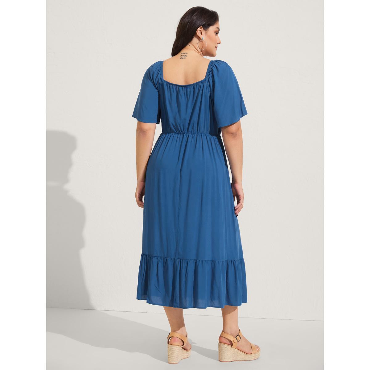 Plus Size Rayon Lace Pleated Tiered Midi Dress Mediumblue Women Boho Square Neck Short sleeve Curvy BloomChic 18-20/2X Product Image