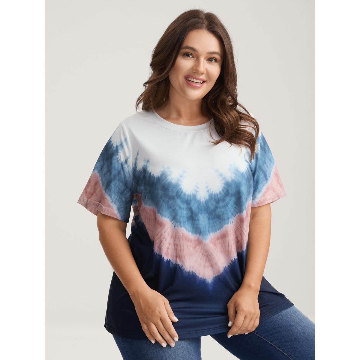 Plus Size Tie-Dye Print Round Neck T-Shirt Multicolor Women Contrast Round Neck Everyday-Casual T-shirts BloomChic 22-24/3X Product Image