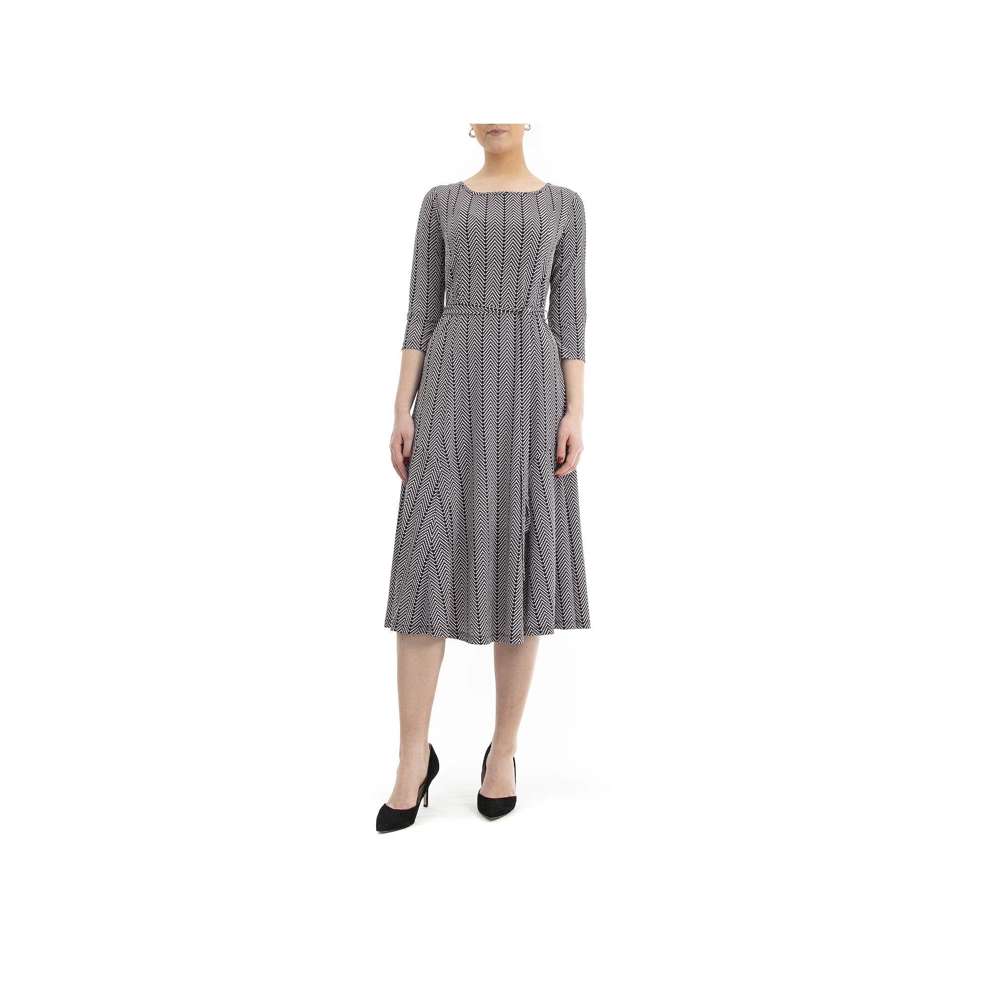 Women's Nina Leonard Belted 3/4 Sleeve Print Midi Dress,  Product Image