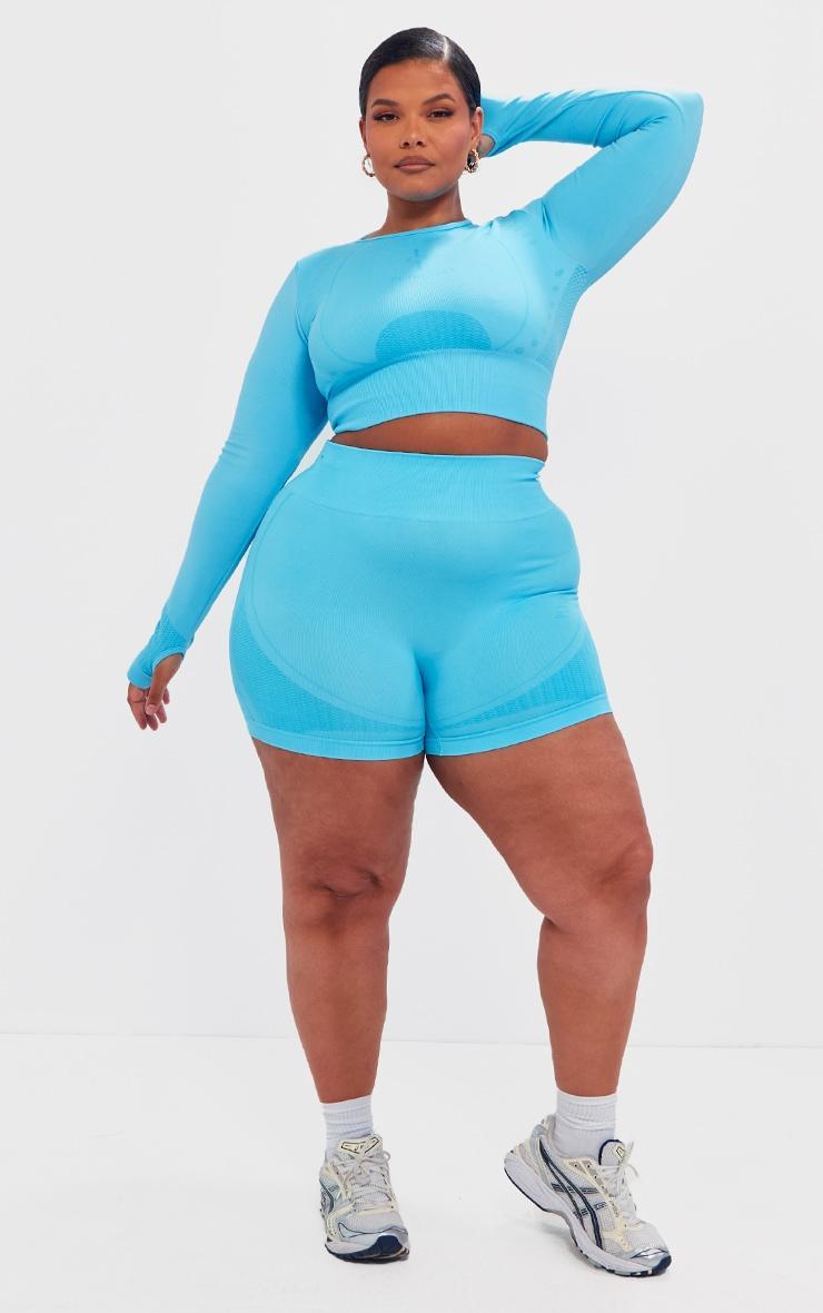 PLT SPORT Plus Bright Blue Seamless Contrast Detail Long Sleeve Crop Top Product Image