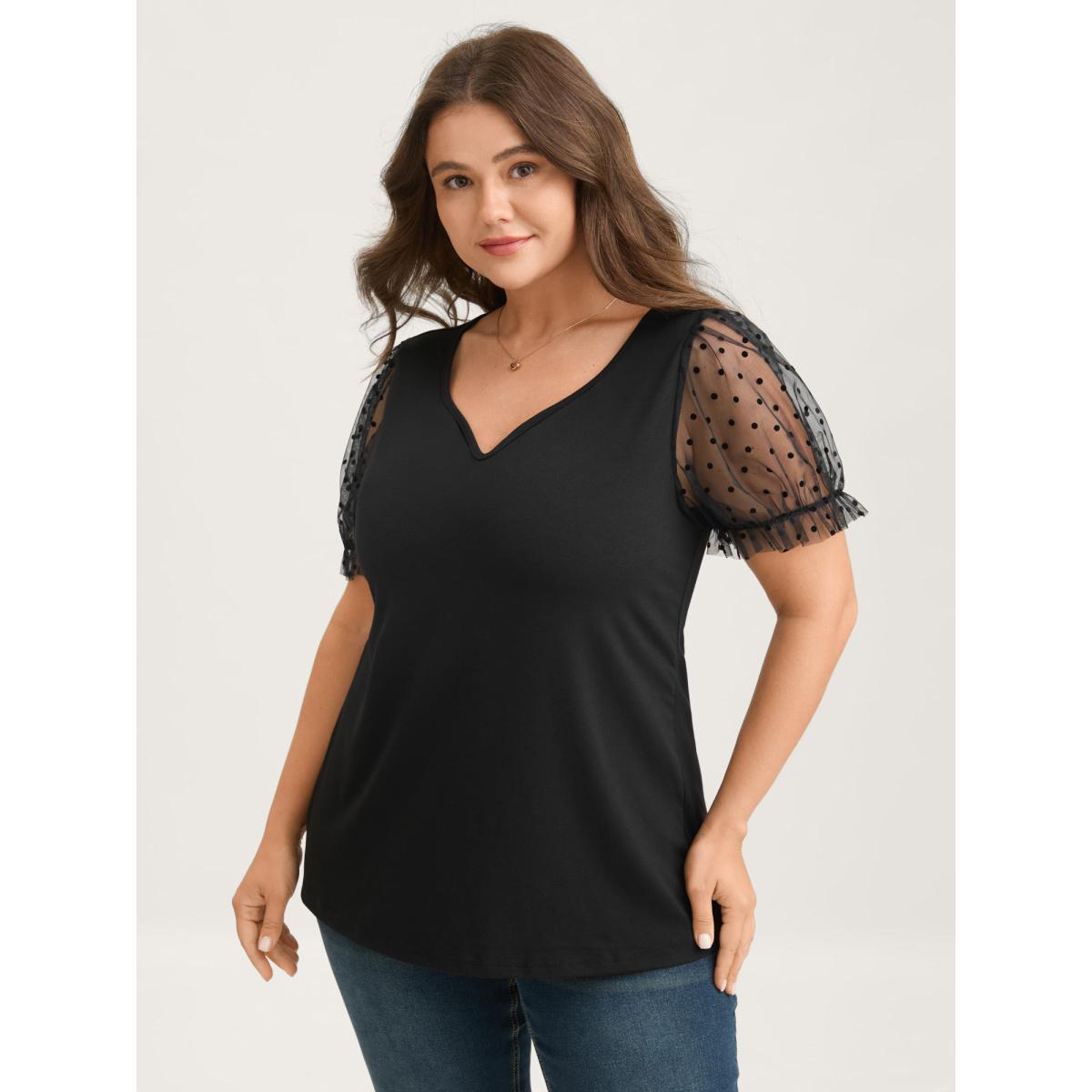 Plus Size Stretchy Sheer Textured Sleeve Solid T-Shirt Black Women Romantic See through Asymmetrical Neck Bodycon Elegant T-shirts BloomChic 28/5X Product Image