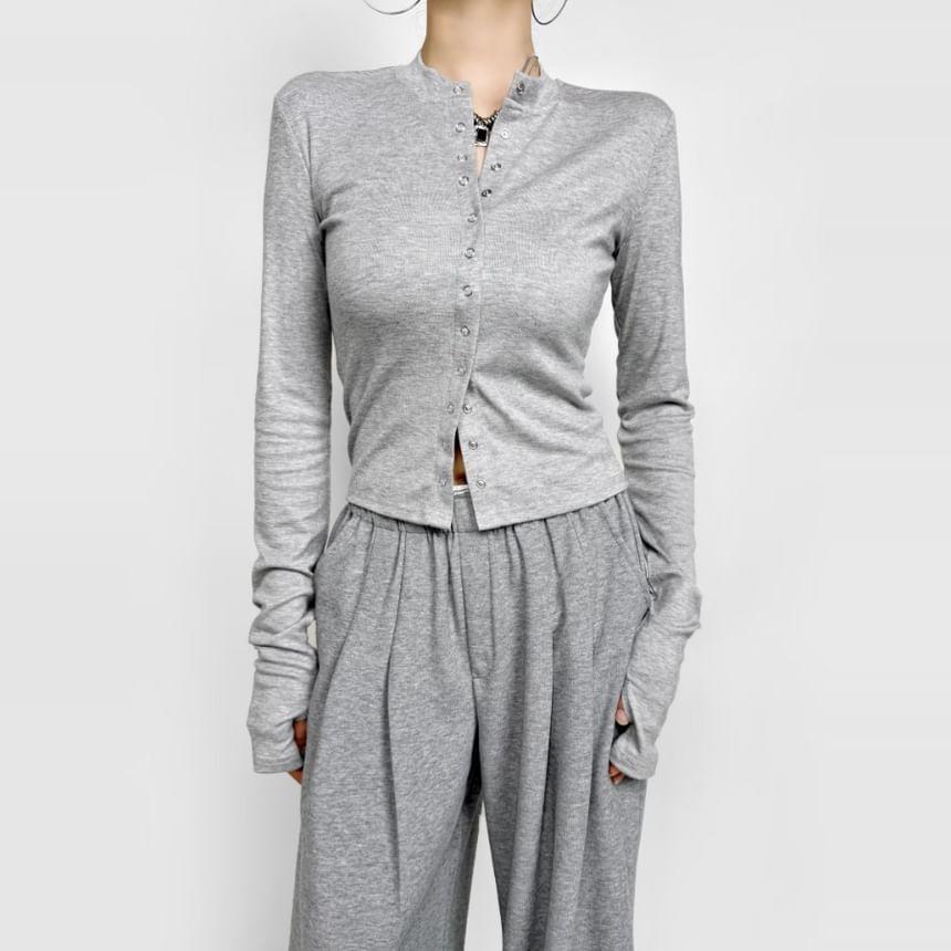 Mock Neck Plain Button-Up Crop Cardigan Product Image