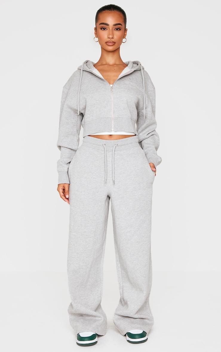 Petite Ash Grey Zip Up Embossed Detail Crop Hoodie Product Image