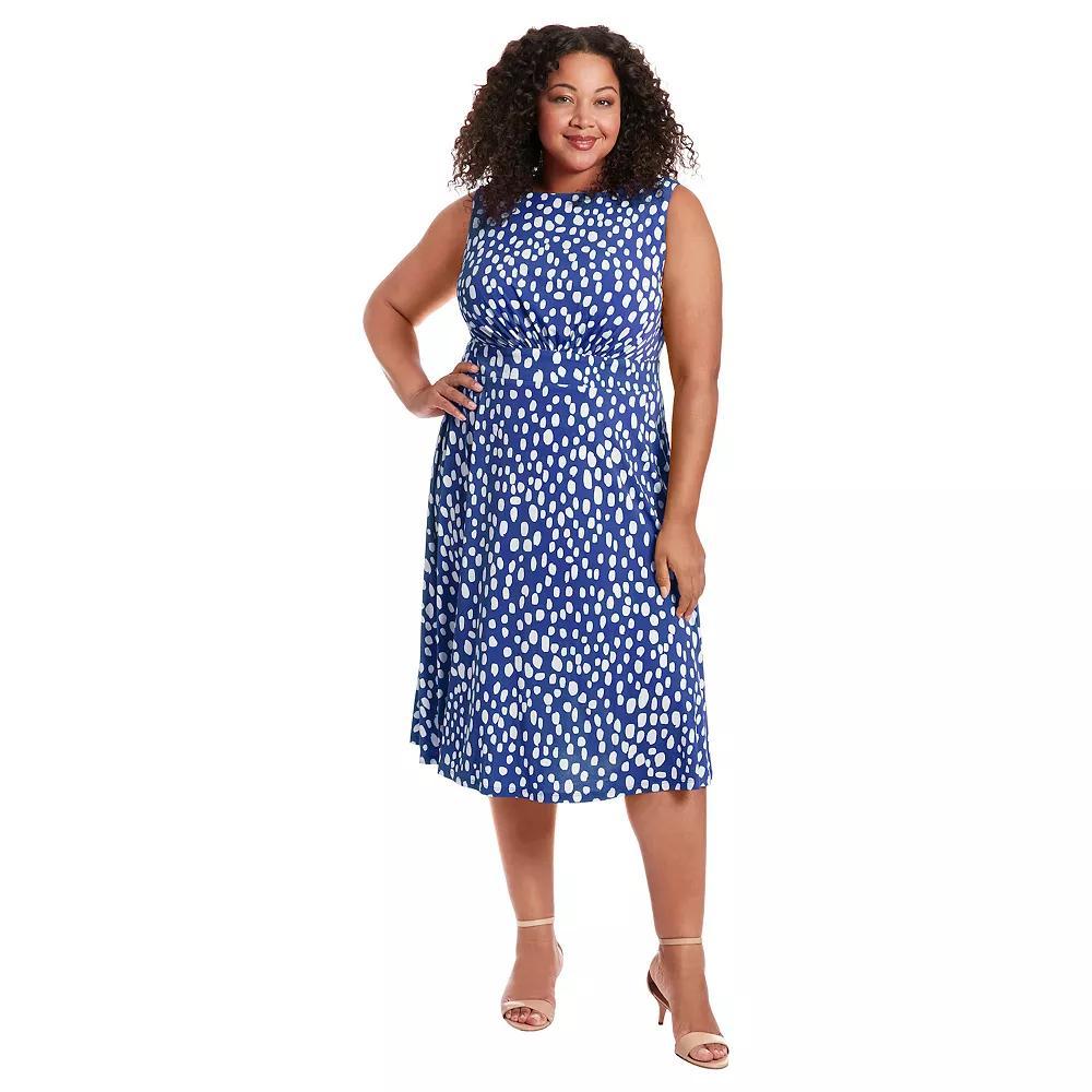 Plus Size London Times Floral Print Elbow Sleeve Inset Waist Midi Dress, Women's, Size: 14 W, Classic Blue Product Image