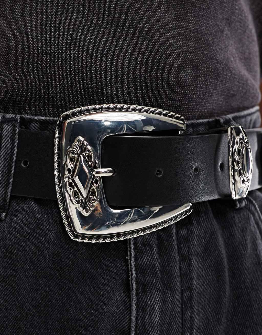 ASOS DESIGN faux leather belt with western buckle and metal details in black Product Image