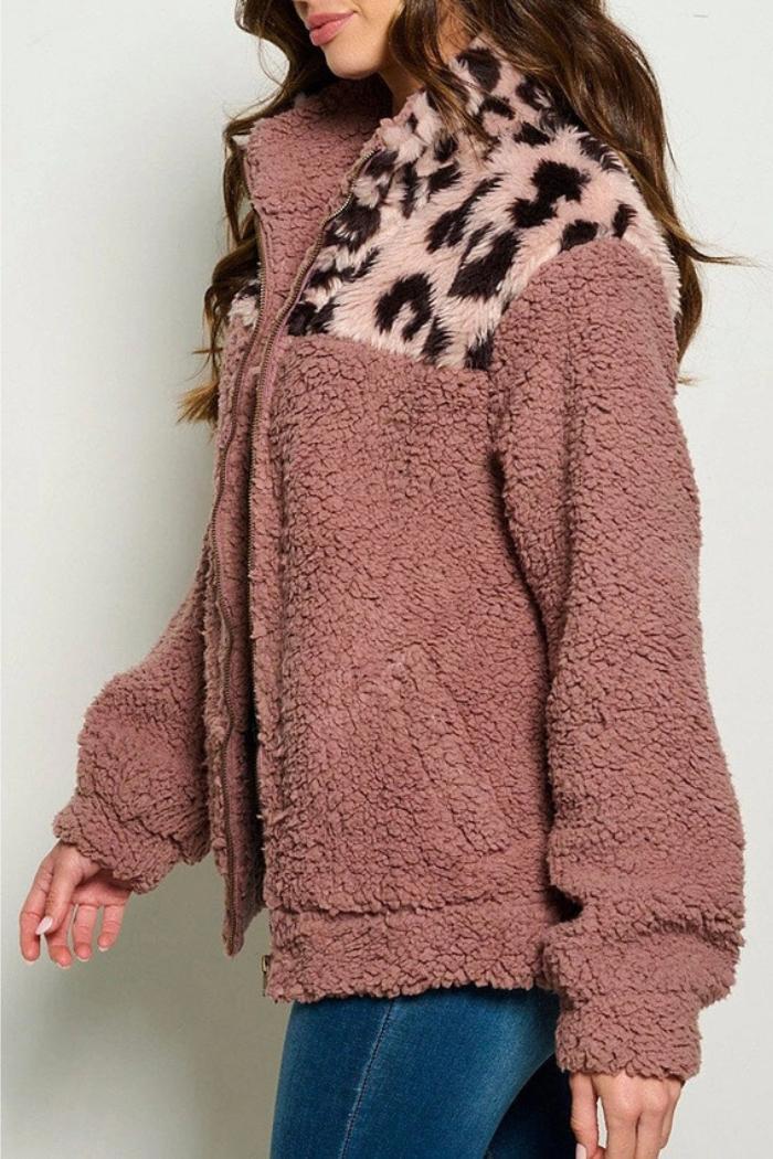 Pockets Zip Up Animal Print Sherpa Jacket Product Image