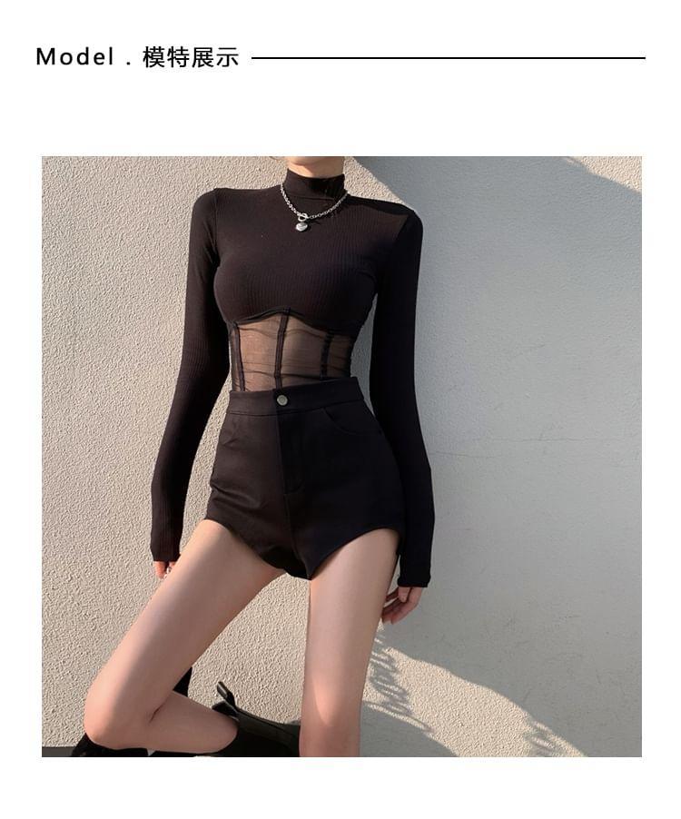 Long Sleeve Mock Neck Mesh Panel Top / High Waist Plain Shorts Product Image