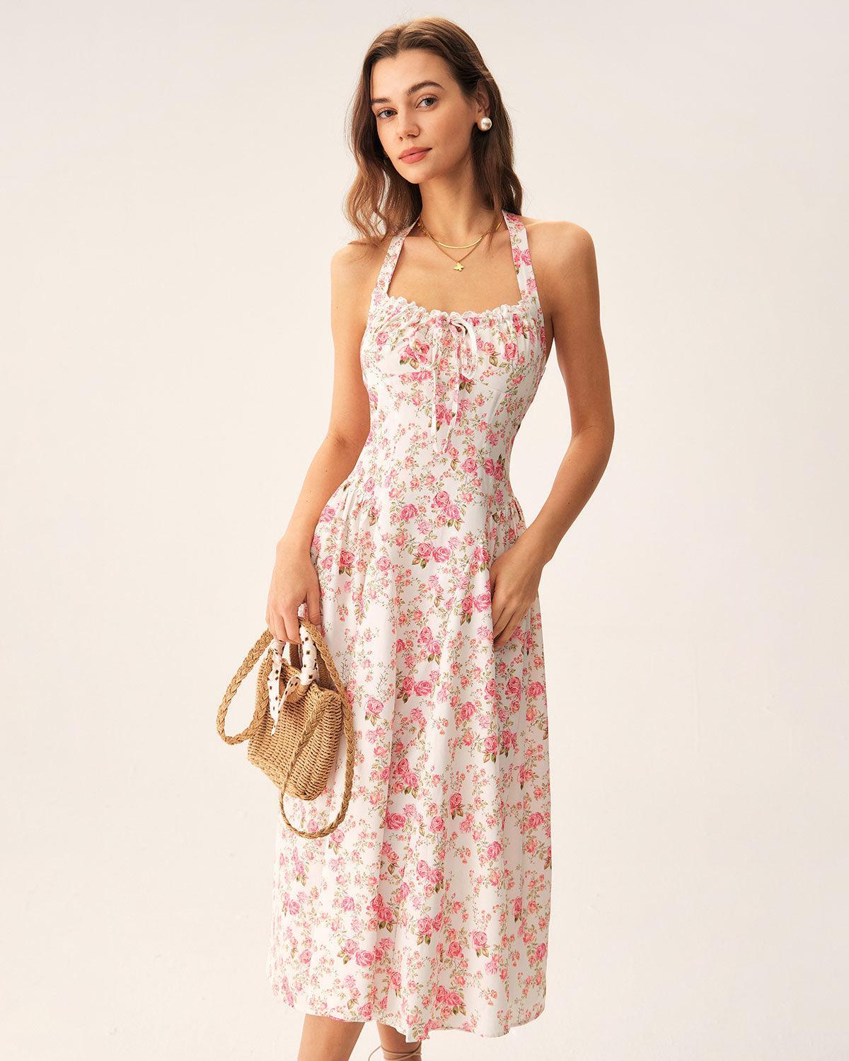 Pink Floral Halter Midi Dress Product Image