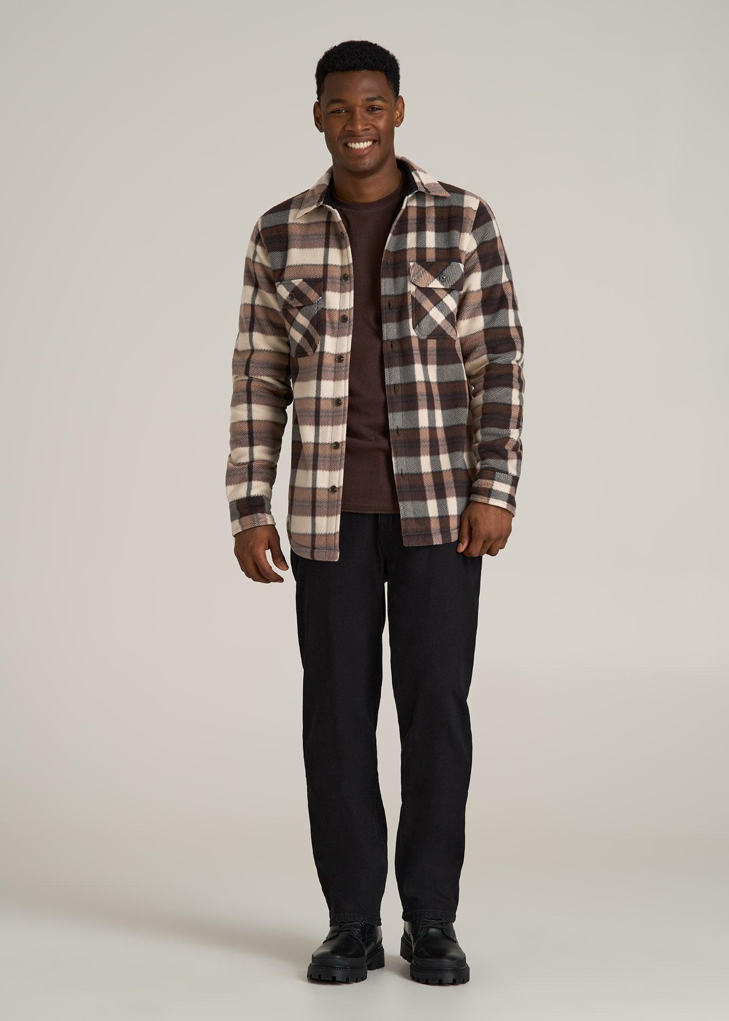 Sherpa-Lined Fleece Overshirt for Tall Men in Beige Tartan Product Image