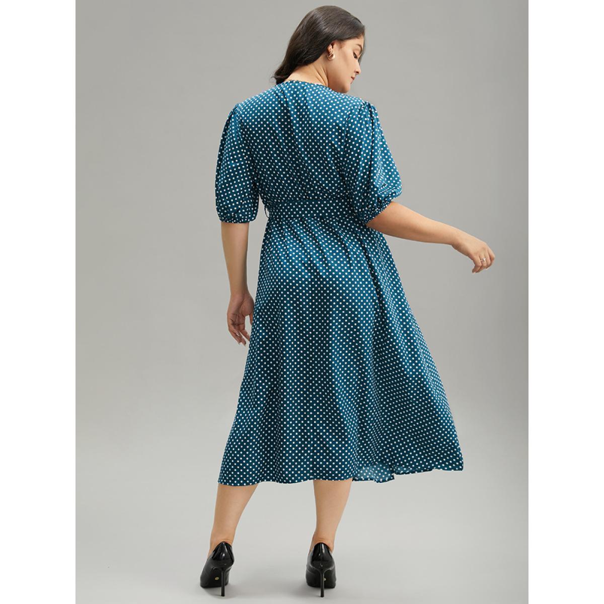 Plus Size Polka Dot Belted Lantern Sleeve Surplice Neck Dress Aegean Women Office Elastic cuffs V-neck Short sleeve Curvy Midi Dress BloomChic 14-16/1X Product Image