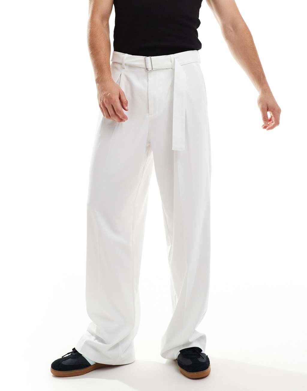 ASOS DESIGN smart wide leg pants with belt detail in white Product Image