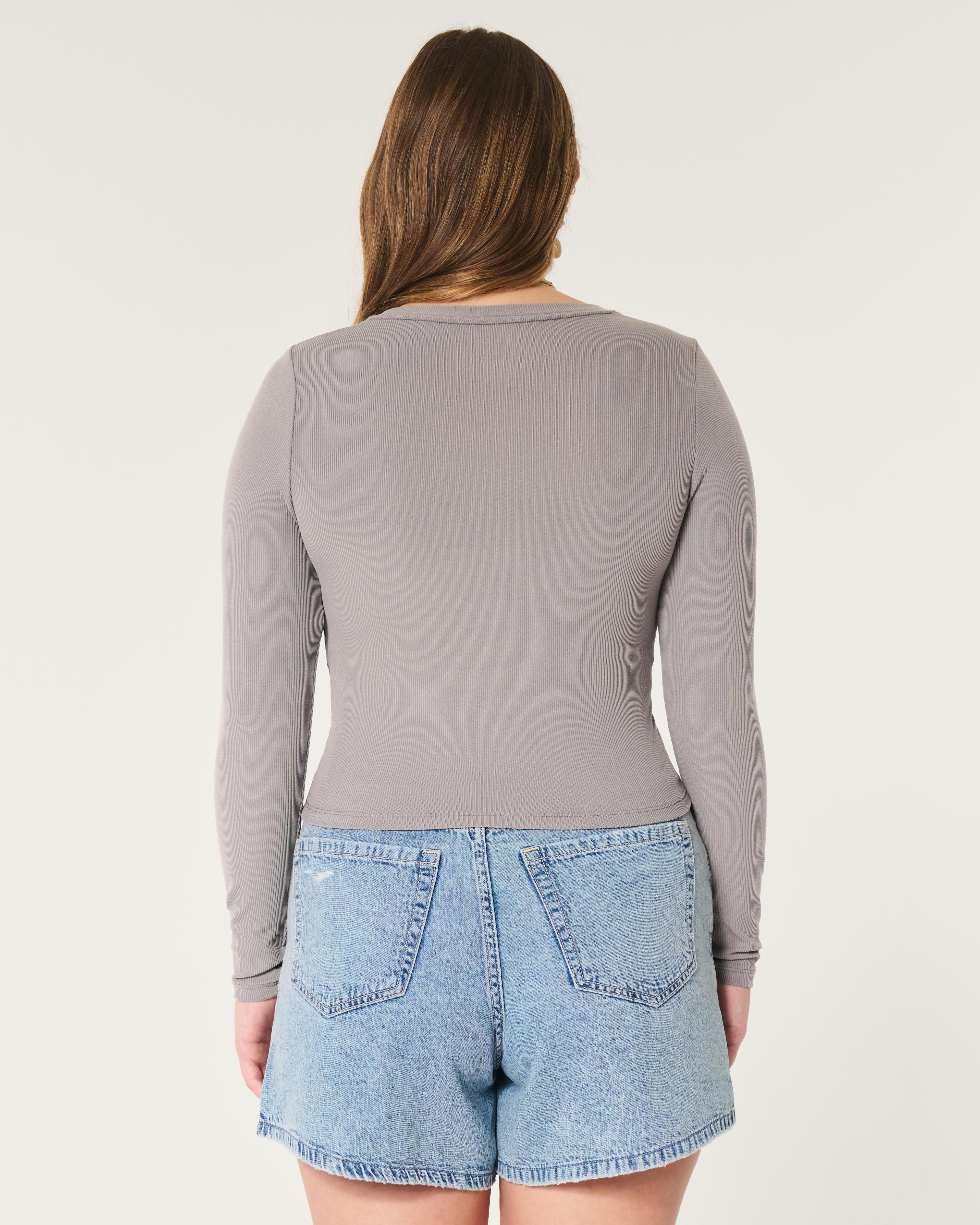 Ribbed Seamless Fabric Notch-Neck Top Product Image