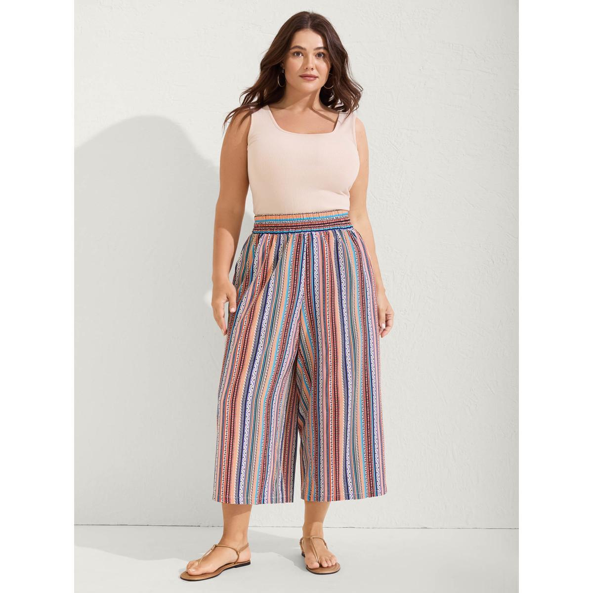 Plus Size Boho Stripe Color Block Wide-Leg Pants Women Multicolor Boho Wide Leg Mid Rise Vacation Pants BloomChic 30/6X Product Image