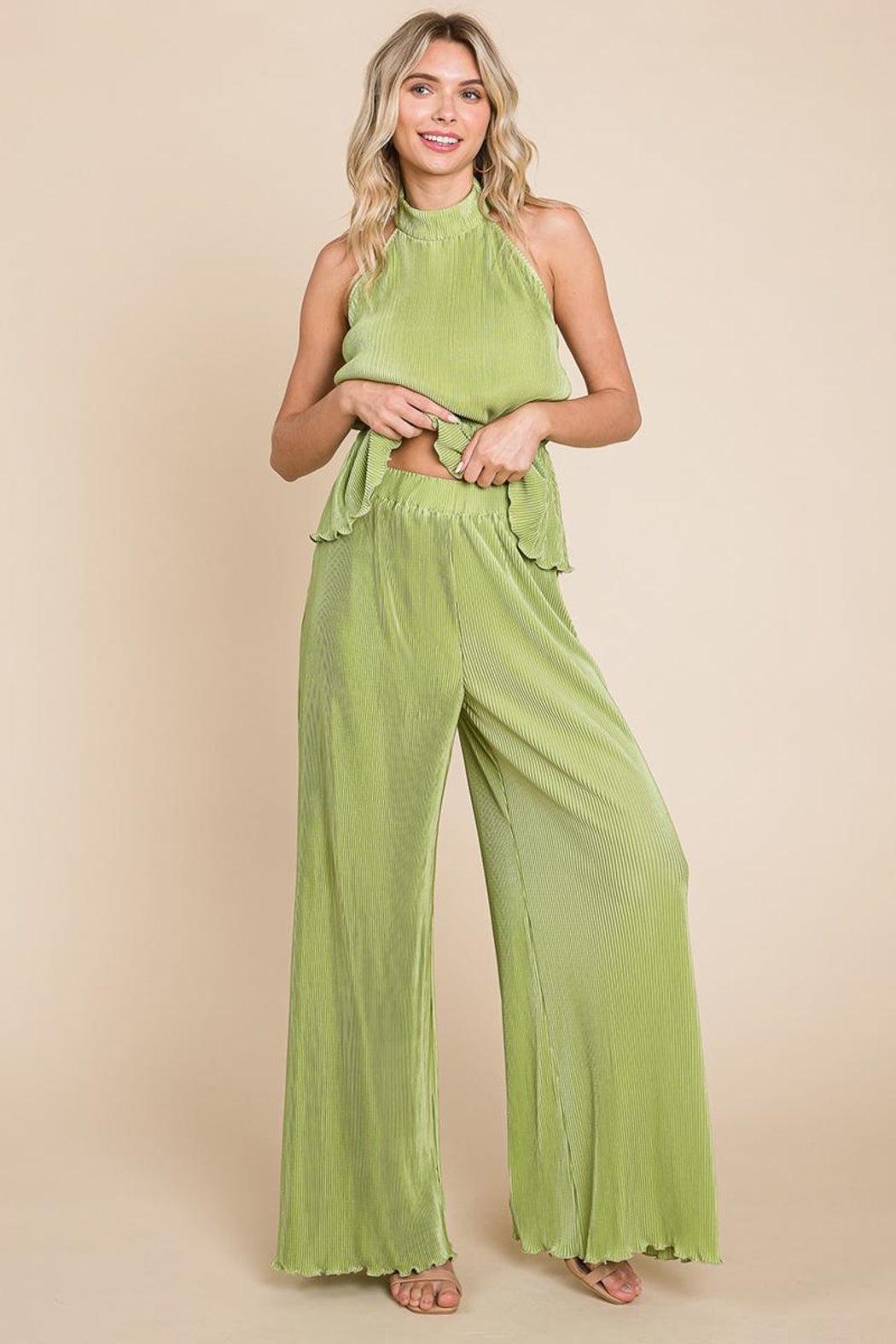 Pleated Backless Halter Tank & Wide Leg Pants Sets Product Image