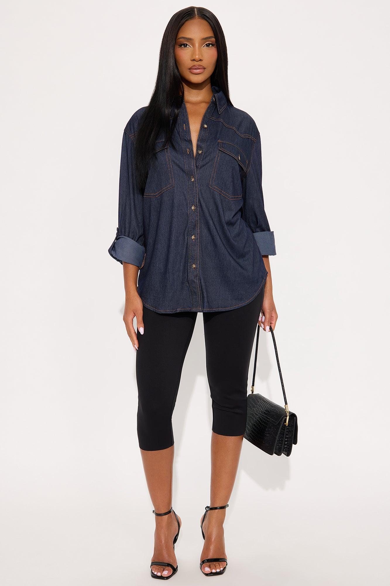 Piper Long Sleeve Button Up Denim Shirt - Dark Denim Product Image