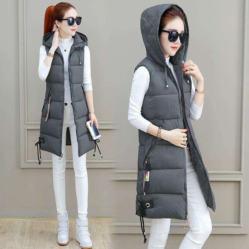 Hooded Zip-Up Long Puffer Vest Product Image