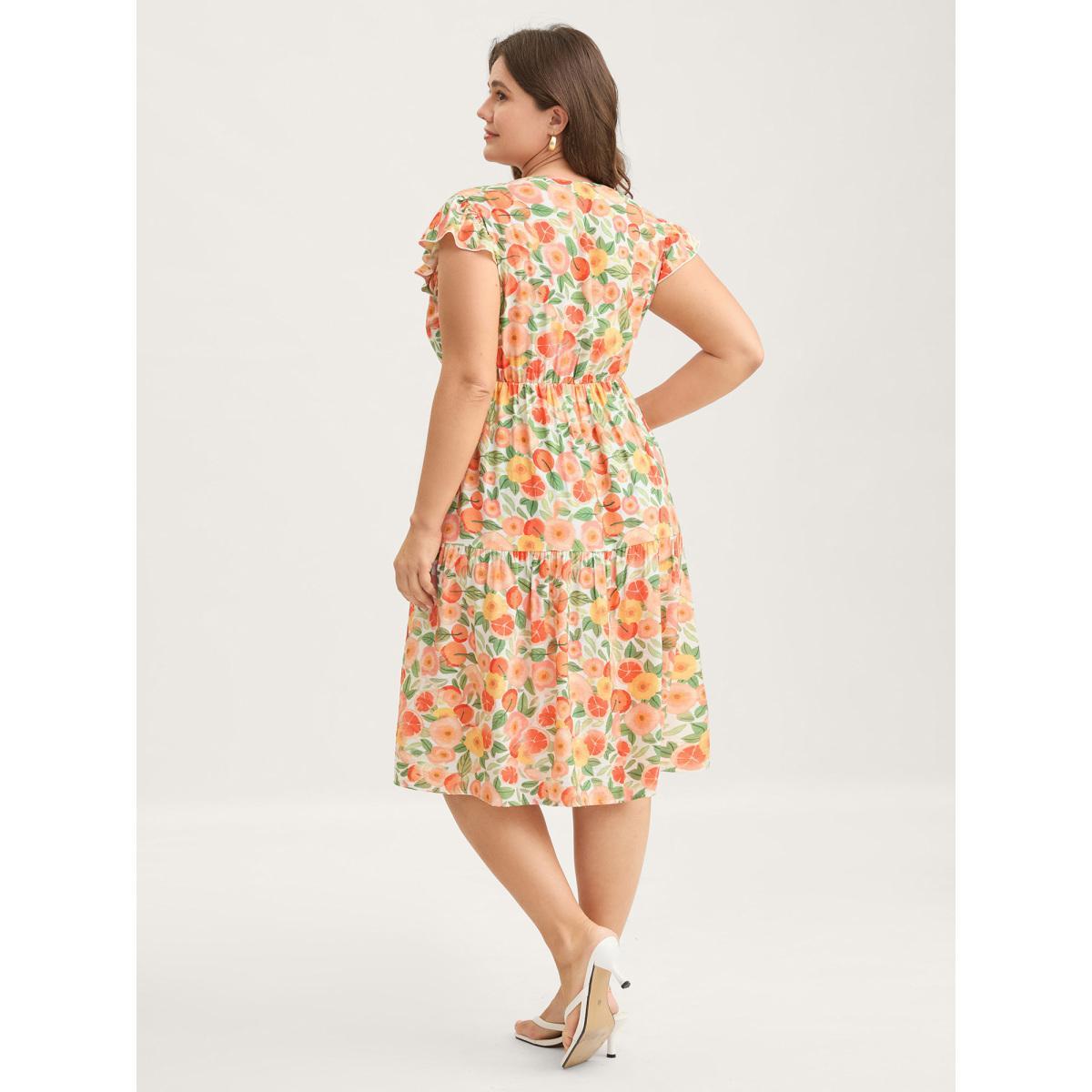 Plus Size Citrus Print Pleated Flutter Sleeve Midi Dress Multicolor Women Round Neck Cap Sleeve Curvy BloomChic 18-20/2X Product Image