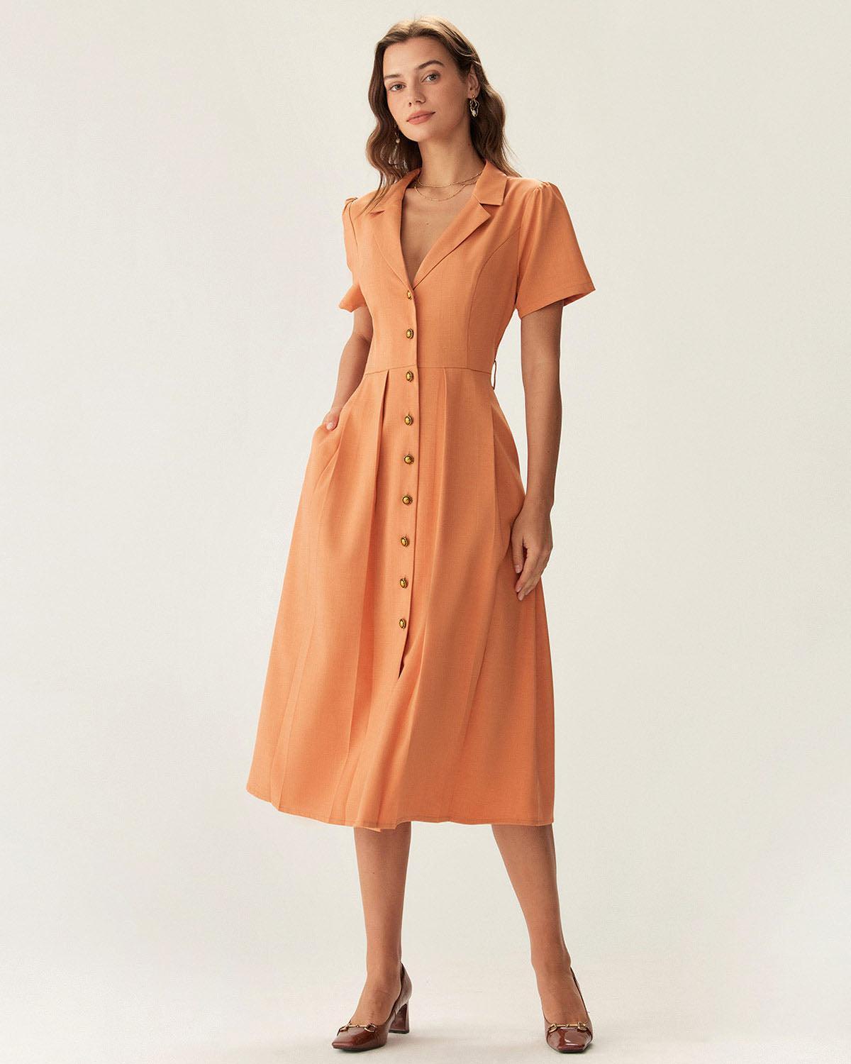 Orange V Neck Pleated Button Midi Dress Product Image