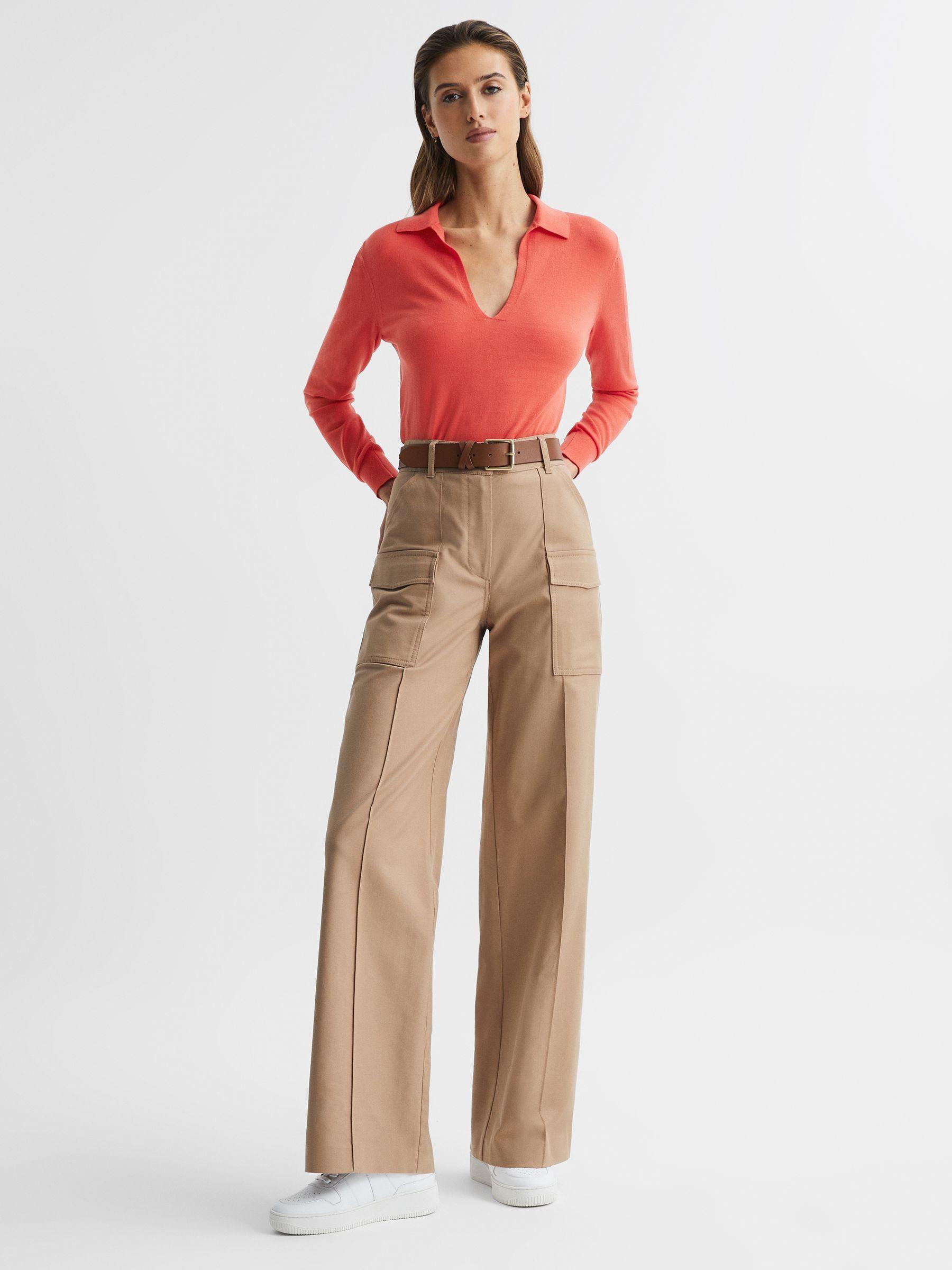 Knitted Collared V-Neck Top in Coral Product Image