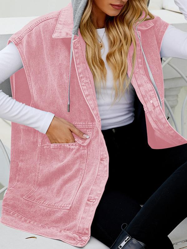 Loose Sleeveless Buttoned Detachable Hooded Pockets Split-Joint Lapel Collar Vest Outerwear Product Image
