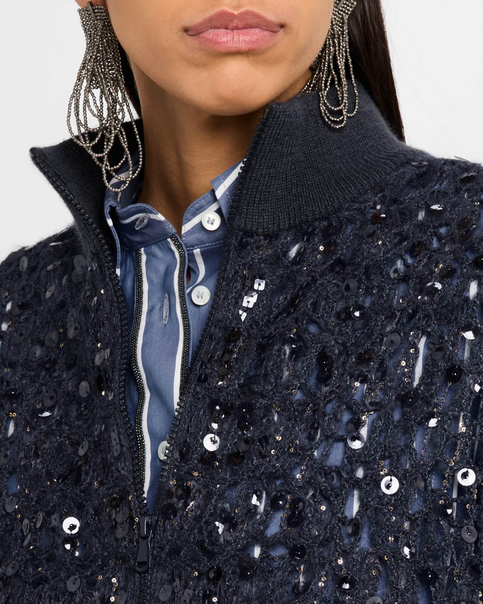 Wool-Cashmere Paillette Open-Knit Zip Cardigan Product Image