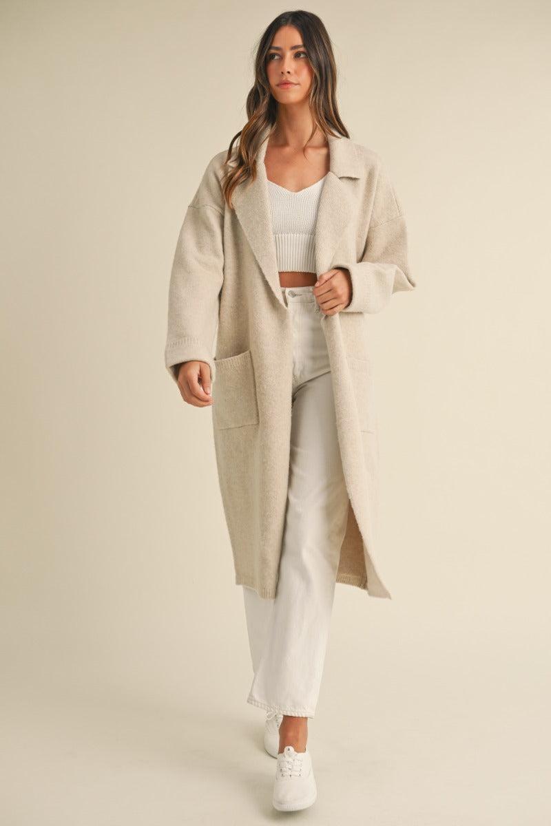 Collared Sweater Knit Long Jacket Product Image