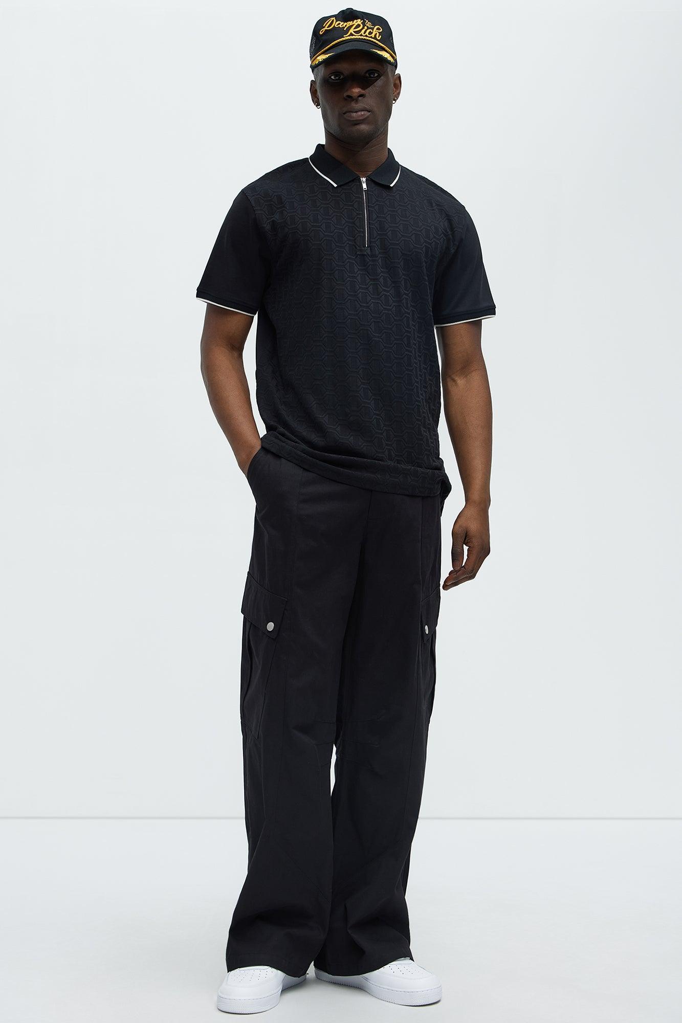 Hexagon Textured Short Sleeve Polo - Black Product Image