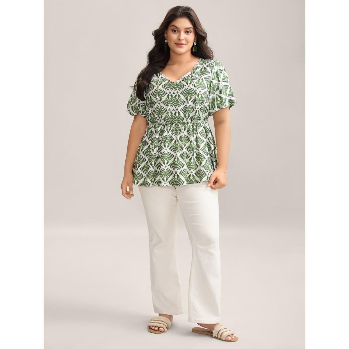 Plus Size Moss Large Floral Print Flared Sleeve Tie Blouse Women Short sleeve Flat collar with V-notch Vacation Blouses BloomChic 14-16/1X Product Image