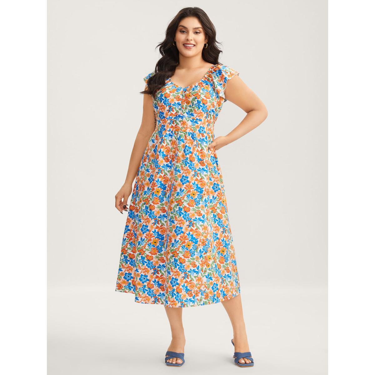 Plus Size Floral Print Stretchy Waist Flutter Midi Dress Multicolor Women V-neck Cap Sleeve Curvy BloomChic 18-20/2X Product Image