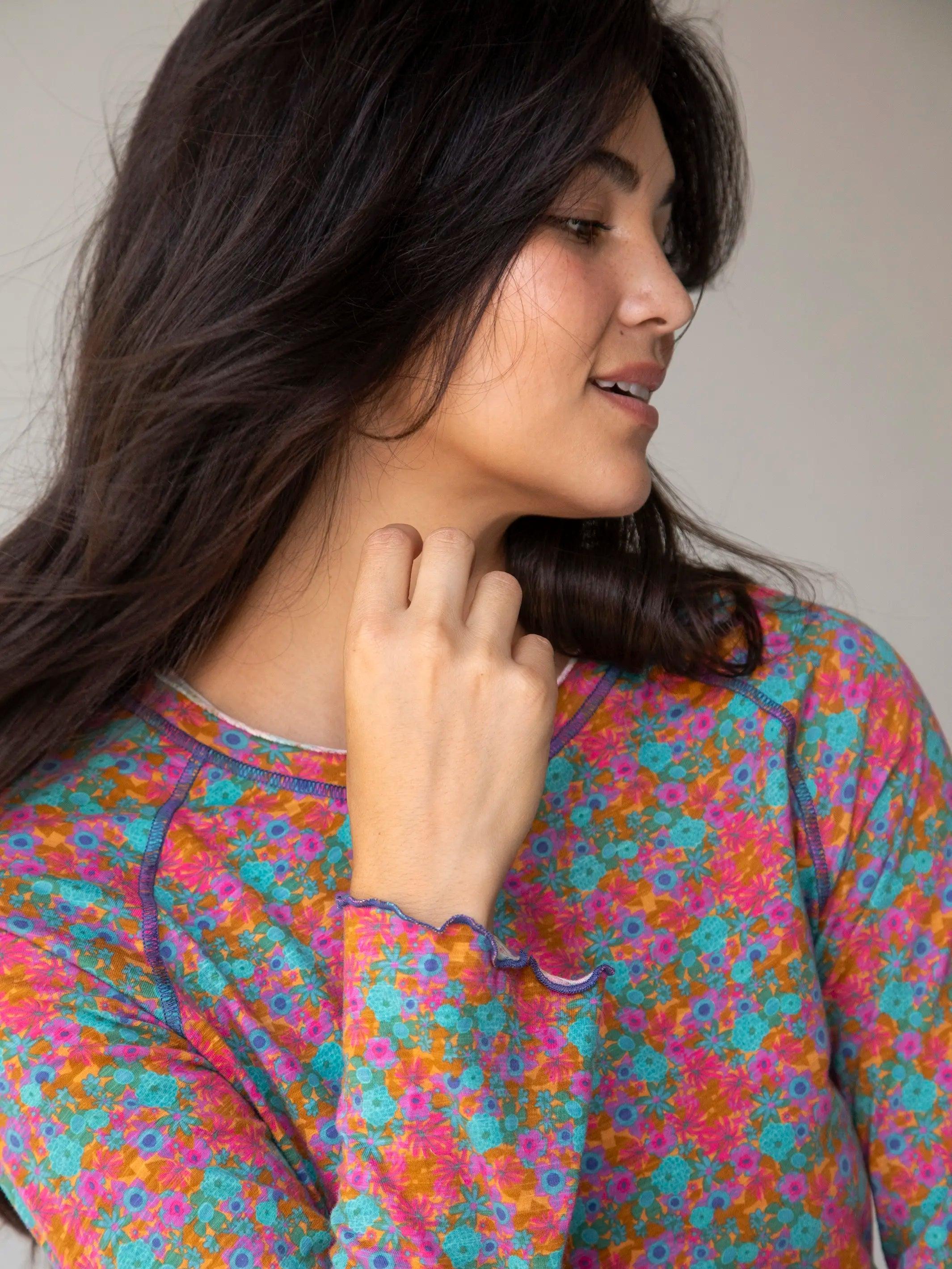 Lily Cotton Long Sleeve Tee Shirt - Turquoise Pink Purple Floral Product Image