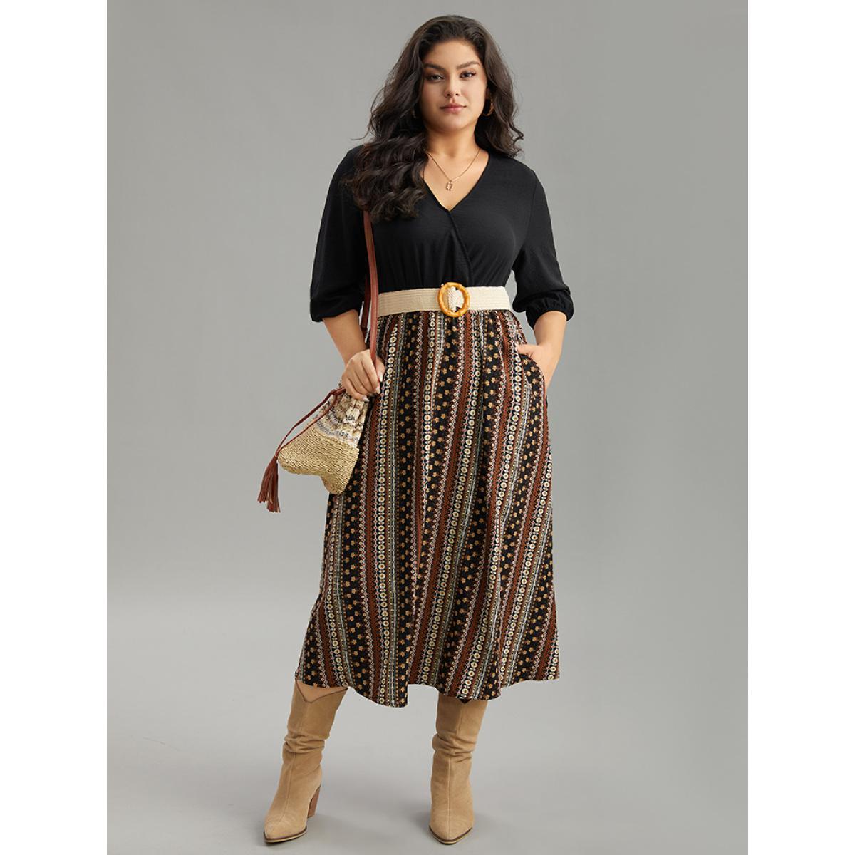 Plus Size Bandana Striped Patchwork Wrap Dress Black Women Vacation Elastic cuffs V-neck Elbow-length sleeve Curvy Midi Dress BloomChic 30/6X Product Image