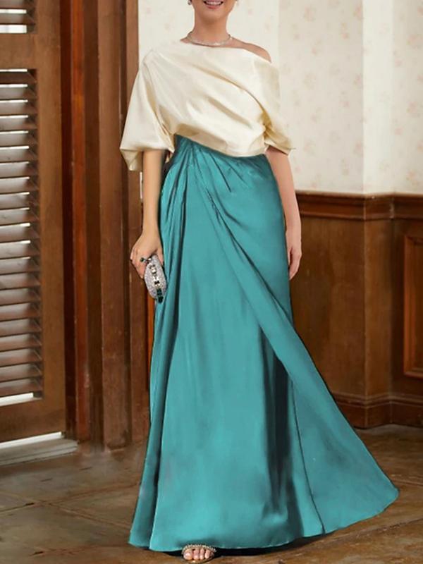 Half Sleeves Loose Asymmetric Contrast Color Pleated Split-Joint One-Shoulder Evening Dresses Maxi Dresses Product Image