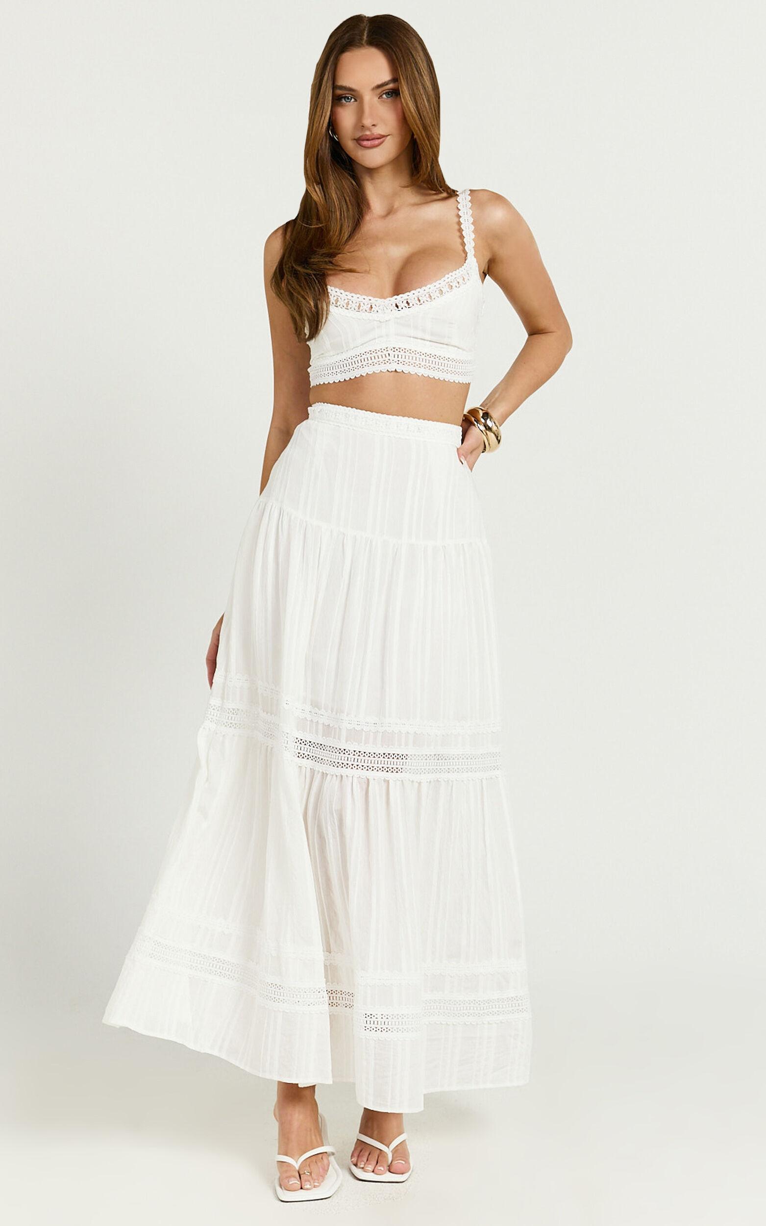 Kamiko Two Piece Set - Lace Trim Sweetheart Top and Lace A Line Skirt in White Product Image