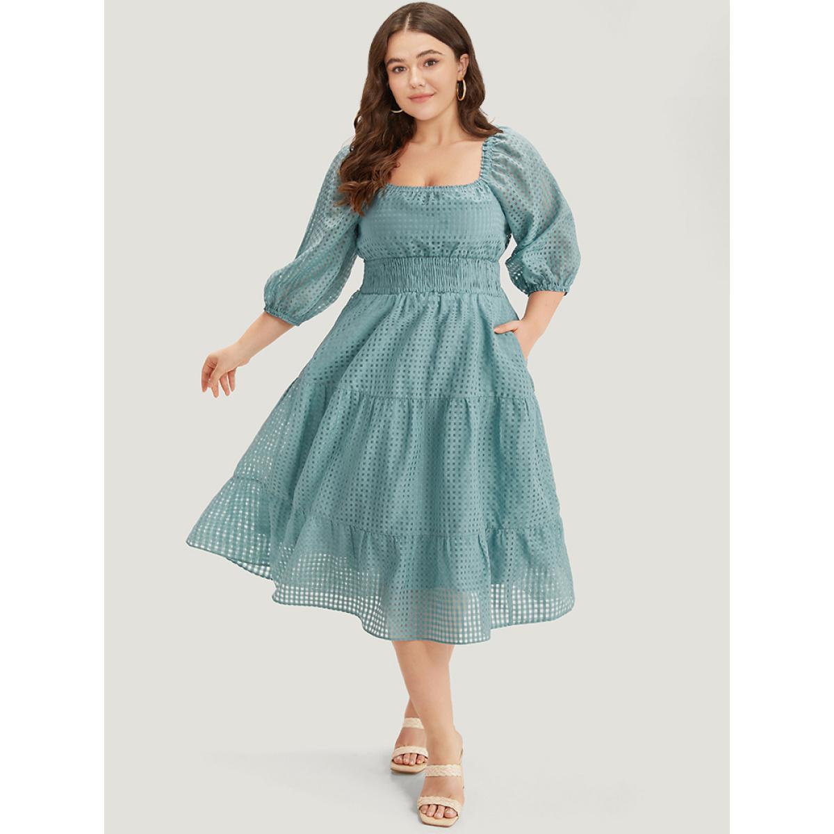 Plus Size Plain Gathered Texture Shirred Pocket Lantern Sleeve Dress Cerulean Women Elegant Elastic cuffs Square Neck Elbow-length sleeve Curvy Midi Dress BloomChic 30/6X Product Image