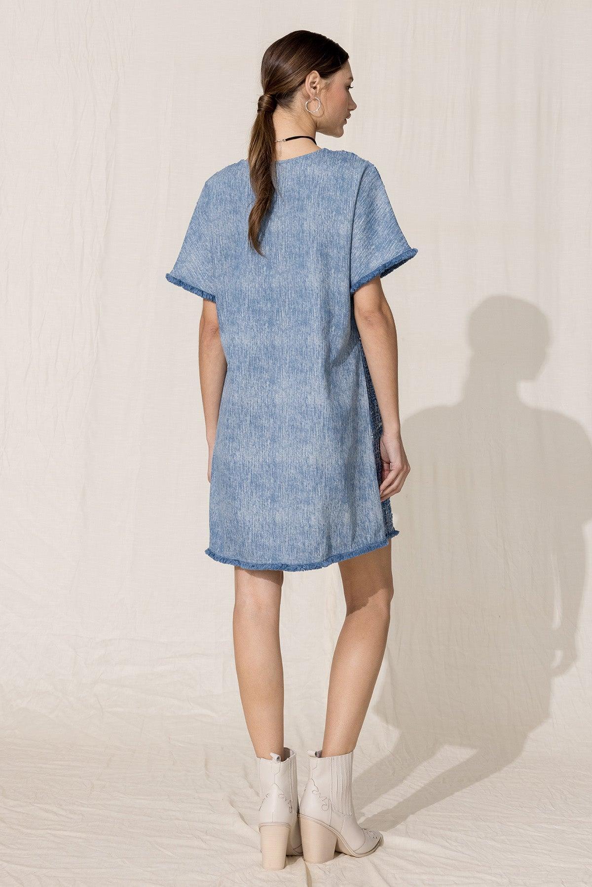 Denim Sequin Mini Shift Dress Product Image